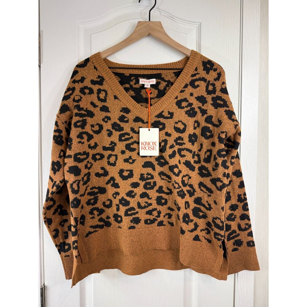 Knox Rose Women’s M Leopard Print V-Neck Pullover Sweater Brown Black NWT